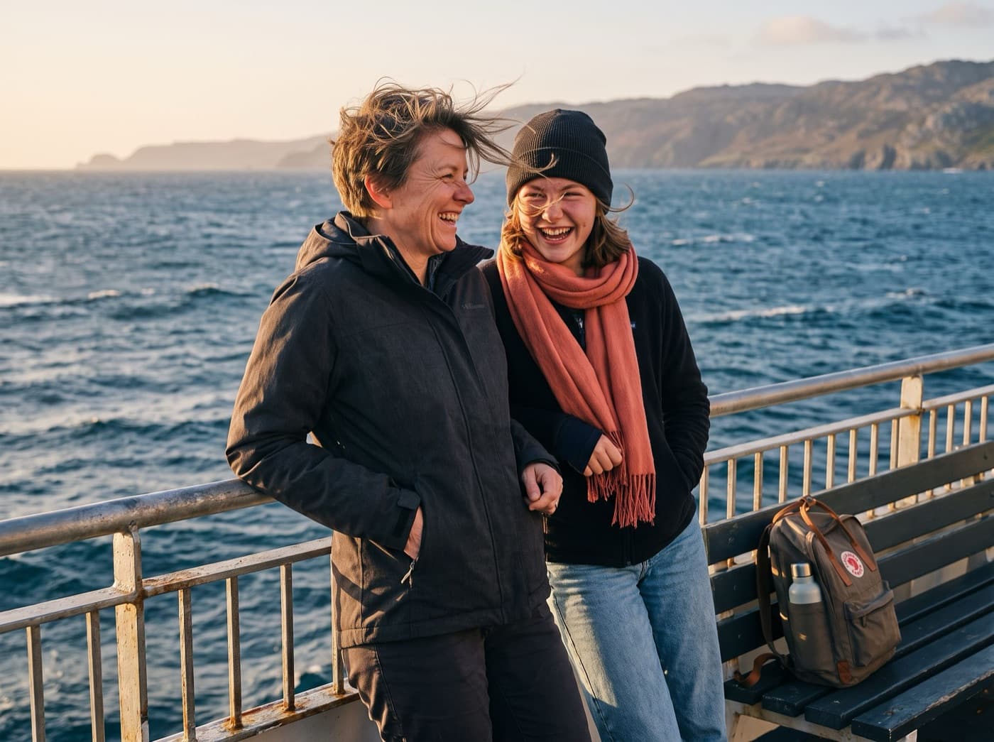 A parent and a teenager laughing at the rail of a ferry, the sea behind them.