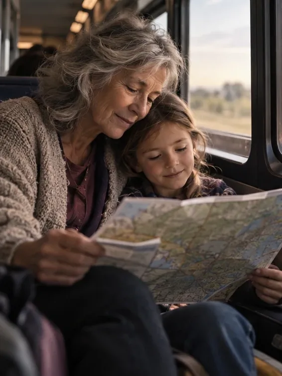 A grandmother and her granddaughter leaning together over a paper map on a train